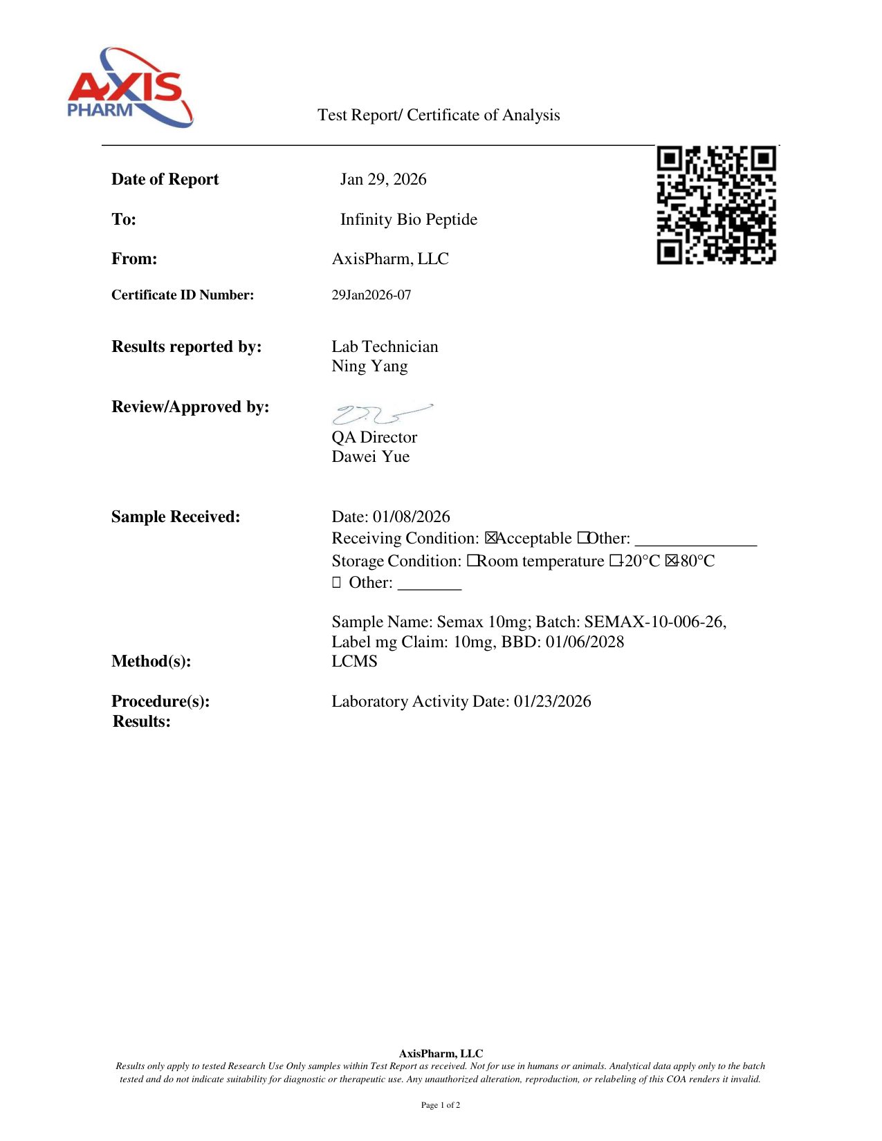 Semax 10mg COA — page 1